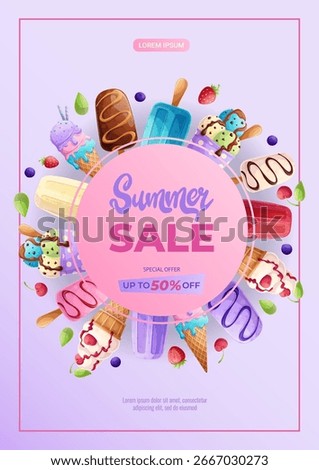 A design template for a summer flyer with various types of ice cream. The concept of sweets, summer, summer sale. Vector illustration in A4 format for posters, banners, promotions, advertisements