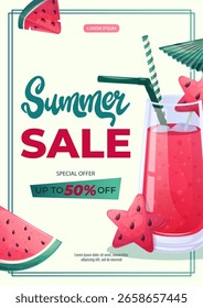 Una Plantilla de diseño para un volante de verano con una bebida de sandía en un vaso. El concepto de verano, venta de verano. Ilustración vectorial en formato A4 para carteles, Anuncios, promociones, anuncios