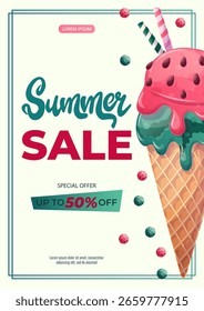 A design template for a summer flyer with watermelon ice cream in a waffle tube. The concept of summer, summer sale. Vector illustration in A4 format for posters, banners, promotions, advertisements