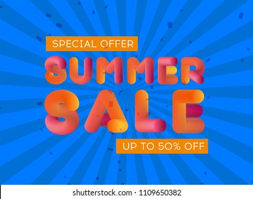 Design template summer sale banner with colorful fluid text. Sign of promotion, discounts offer. Summer outline icons on background. Vector eps10