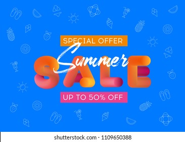 Design template summer sale banner with colorful fluid text. Sign of promotion, discounts offer. Summer outline icons on background. Vector eps10