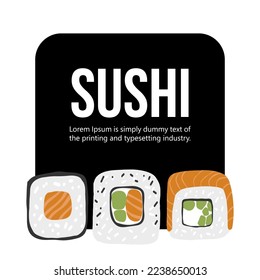 Design template with sushi set Illustration on black frame background
