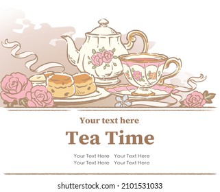 Design template with tea time objects. Vintage style. Vector illustration.