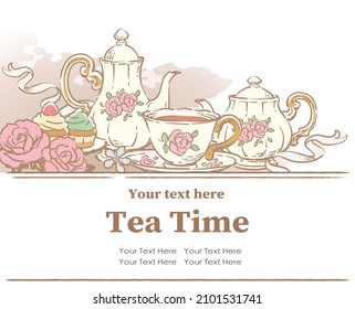 Design template with tea time objects. Vintage style. Vector illustration.