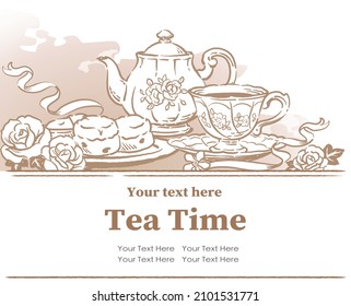 Design template with tea time objects. Vintage style. Vector illustration.