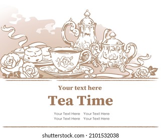 Design template with tea time objects. Vintage style. Vector illustration.