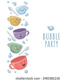 Design template with teapot, cups and bubbles. Decoration of invitations, poster for bubble party. Cute illustration of washing dishes for kids