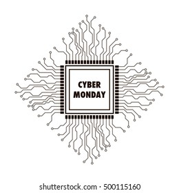 Design template with text Cyber Monday. Microchip illustration. Cyber Monday banner, tag, advertising. Circuit board vector. 