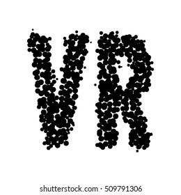 Design template with text VR. Grunge letter VR for your design. Halftone effect vector illustration. Black dots on white background.