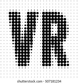 Design template with text VR. Halftone effect vector illustration. Black dots on white background. VR is a virtual reality. 