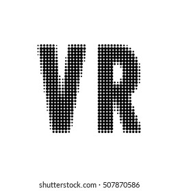 Design template with text VR. Halftone effect vector illustration. Black dots on white background. VR is a virtual reality. 