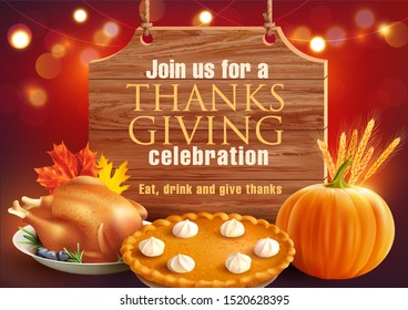 Design template for Thanksgiving celebration advertisement with traditional dishes. Vector illustration.