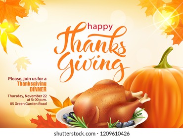 Design Template For Thanksgiving Dinner Invitation. Vector Illustration.