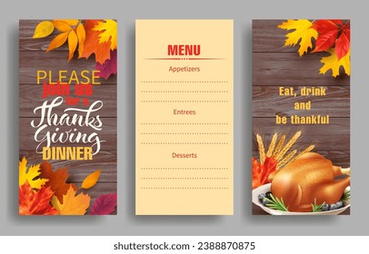 Design template for Thanksgiving dinner invitation cards. Vector set.