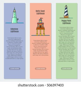 Design template with thin line style illustration of lighthouse for banners and lables. Vector illustration.