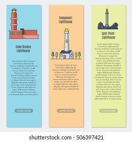 Design template with thin line style illustration of lighthouse for banners and lables. Vector illustration.