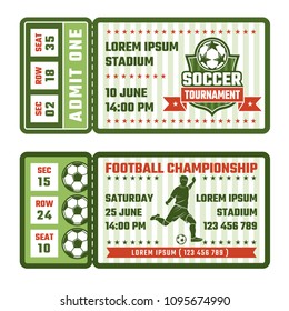 Design template of tickets for football match. Sport soccer with ball ticket to competition, vector illustration