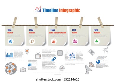 Design template, Timeline Infographic report template hanging on a rope with clothespin, Vector illustration