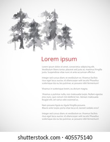 Design template with trees in fog and place for your text. Traditional Japanese ink painting sumi-e.