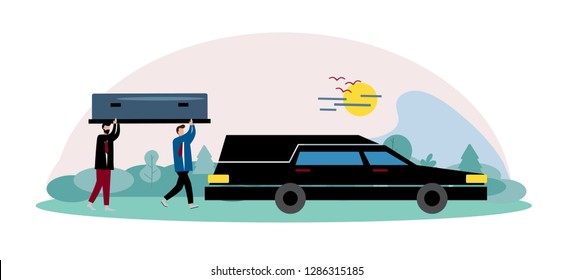 Design template. Two men carry the coffin to the hearse. Modern vector illustration concepts for website and mobile website development.