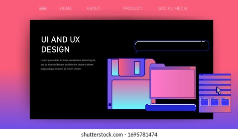 Design template for UI and UX design company. Composition with user interface elements on dark background.