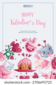 Um modelo de design para cartões comemorativos do Dia dos Namorados. Uma garrafa de poção, champanhe, gatos, uma planta, um cupcake, corações. Ilustração vetorial para o design de cartão postal, cartão de convite, cartaz, banner