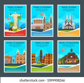 Design template of various travel cards with illustrations of famous landmarks. Vector philippine and cuba, germany and spain, vietnam and brazil