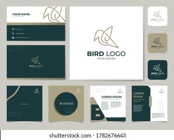 Design template vector business card, media social network. Logo bird. Logo minimalist modern, logo monoline, banner illustration graphic bundle, for company brand identity. Media social post set.