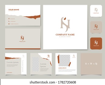 Design template vector business card, media social network. Logo initial S and N (SN). Logo minimalist modern, logo monoline, banner graphic bundle, for company brand identity. Media social post set.
