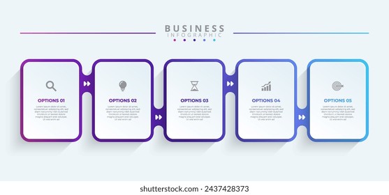 Design template for vector infographic labels with icons and 5 options or steps. Suitable for process diagrams, presentations, workflow layouts, banners, flow charts, and infographics.