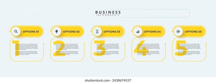 Design template for vector infographic labels with icons and 5 options or steps. Suitable for process diagrams, presentations, workflow layouts, banners, flow charts, and infographics.	