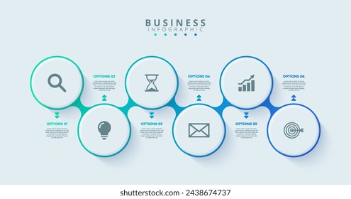 Design template for vector infographic labels with icons and 6 options or steps. Suitable for process diagrams, presentations, workflow layouts, banners, flow charts, and infographics.	