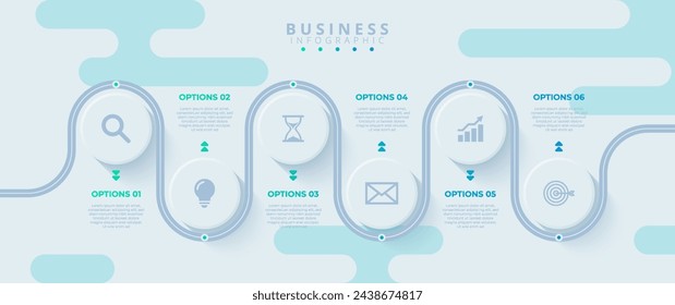 Design template for vector infographic labels with icons and 6 options or steps. Suitable for process diagrams, presentations, workflow layouts, banners, flow charts, and infographics.	