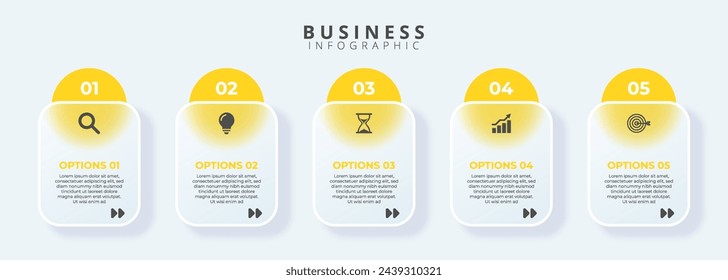 Plantilla de diseño para etiquetas infográficas vectoriales con iconos y 5 opciones o pasos. Adecuado para diagramas de procesos, presentaciones, diseños de flujo de trabajo, banners, diagramas de flujo e infografías.	