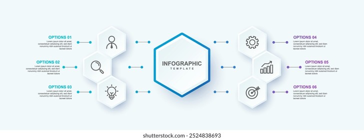 Design template for vector infographic labels with icons and 6 steps to illustrate a business process. Suitable for presentations, reports, marketing materials, and internal training.