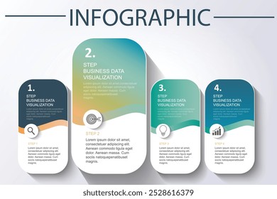 Entwurfsvorlage für Vektorgrafik-Infografik-Etiketten mit Symbolen und 4 Optionen oder Schritten. Geeignet für Prozessdiagramme, Präsentationen, Workflow-Layouts, Banner, Flussdiagramme