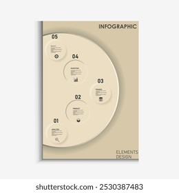 Modelo de design para rótulos de infográfico vetorial com ícones e 5 opções ou etapas. Adequado para diagramas de processo, apresentações, layouts de fluxo de trabalho, banners, fluxogramas e infográficos.
