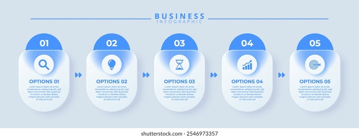 Modelo de design para rótulos de infográfico vetorial com ícones e 5 opções ou etapas. Adequado para diagramas de processo, apresentações, layouts de fluxo de trabalho, banners, fluxogramas e infográficos.