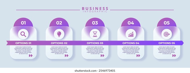 Entwurfsvorlage für Vektorgrafik-Infografik-Etiketten mit Symbolen und 5 Optionen oder Schritten. Geeignet für Prozessdiagramme, Präsentationen, Workflow-Layouts, Banner, Flussdiagramme und Infografiken.