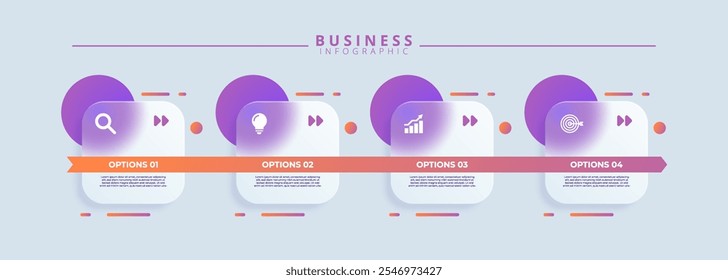 Modelo de design para rótulos de infográfico vetorial com ícones e 4 opções ou etapas. Adequado para diagramas de processo, apresentações, layouts de fluxo de trabalho, banners, fluxogramas e infográficos.