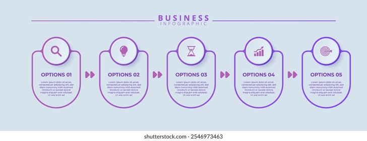 Design template for vector infographic labels with icons and 5 options or steps. Suitable for process diagrams, presentations, workflow layouts, banners, flow charts, and infographics.
