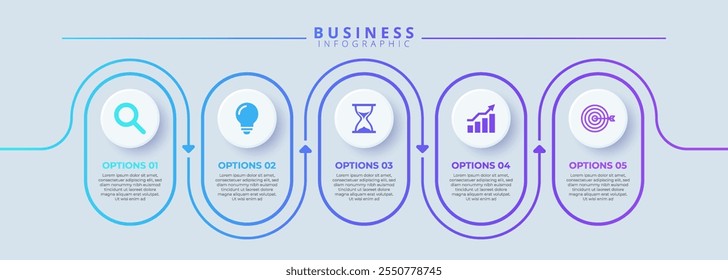 Modelo de design para rótulos de infográfico vetorial com ícones e 5 opções ou etapas. Adequado para diagramas de processo, apresentações, layouts de fluxo de trabalho, banners, fluxogramas e infográficos.