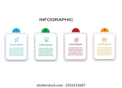 Design template for vector infographic labels with icons and 4 options or steps. Suitable for process diagrams, presentations, workflow layouts, banners, flow charts, and infographics.