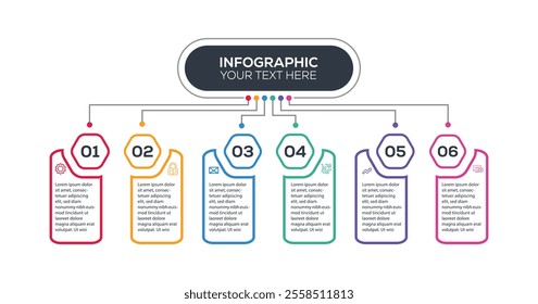 Design template for vector infographic labels with icons and 6 options or steps. Suitable for process diagrams, presentations, workflow layouts, banners, flow charts, and infographics.