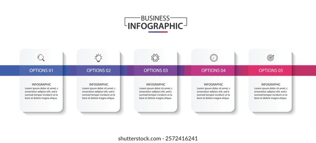Design template for vector infographic labels with icons and 5 options or steps.
