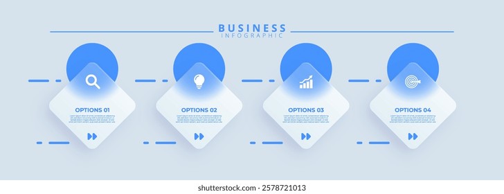 Design template for vector infographic labels with icons and 4 options or steps. Suitable for process diagrams, presentations, workflow layouts, banners, flow charts, and infographics.