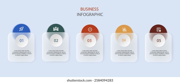 Design template for vector infographic labels with icons and 5 options or steps. Suitable for process diagrams, presentations, workflow layouts, banners, flowcharts and infographics. Vector