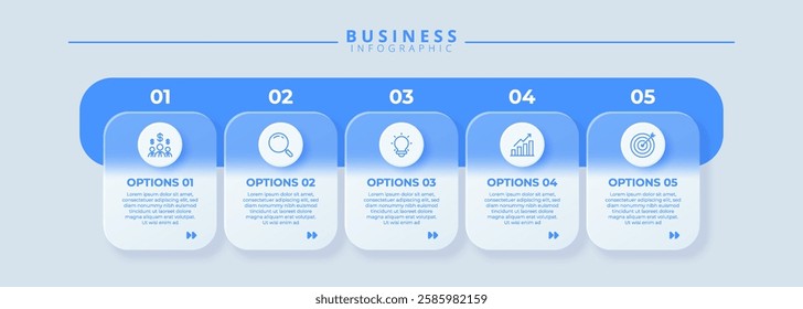 Design template for vector infographic labels with icons and 5 options or steps. Suitable for process diagrams, presentations, workflow layouts, banners, flow charts, and infographics.