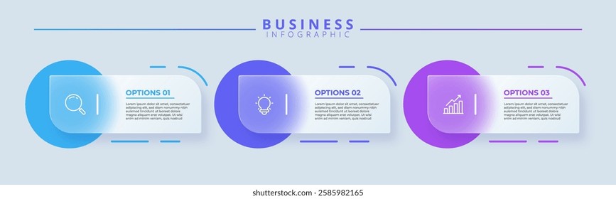 Design template for vector infographic labels with icons and 3 options or steps. Suitable for process diagrams, presentations, workflow layouts, banners, flow charts, and infographics.