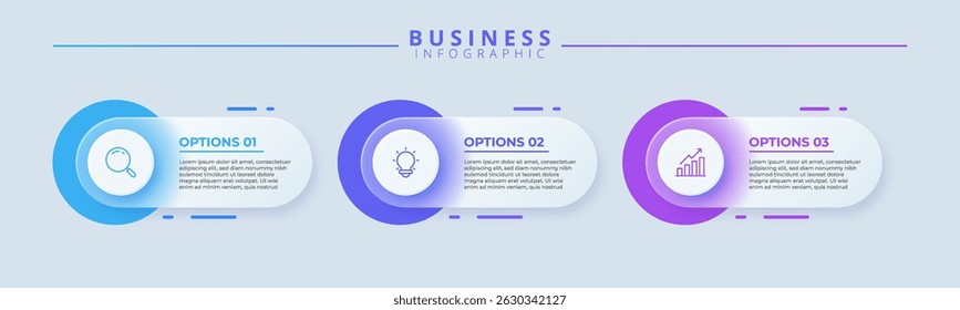 Design template for vector infographic labels with icons and 3 options or steps. Suitable for process diagrams, presentations, workflow layouts, banners, flow charts, and infographics.